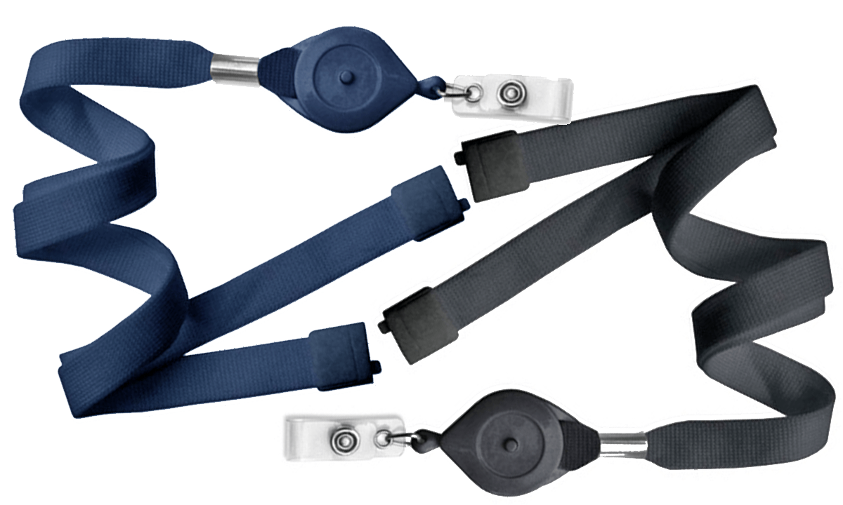 Laccetti porta badge tubolari di 15 mm con clip di sicurezza e portabadge retrattile con pulsante "quick lock"