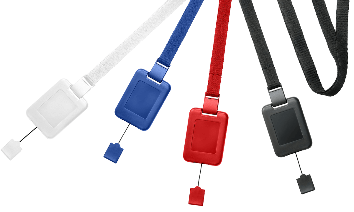 Laccetti porta badge piatti da 10 mm con clip di sicurezza e sistema SlimReel