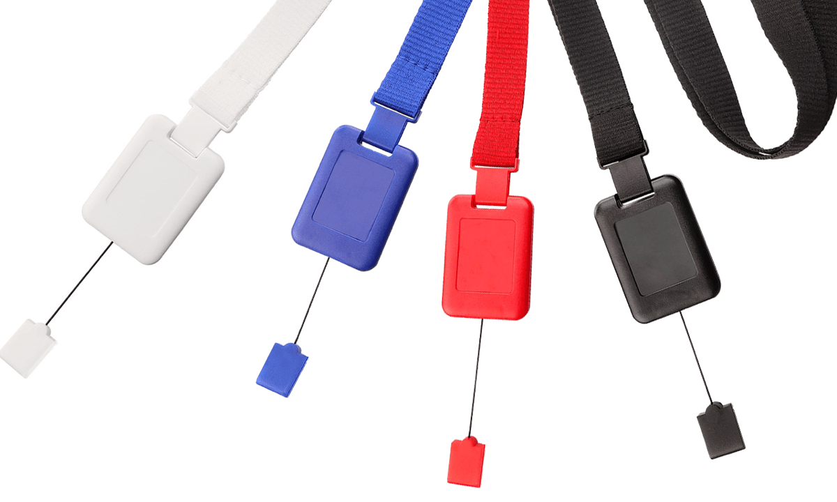 Laccetti porta badge piatti da 15 mm con clip di sicurezza e sistema SlimReel
